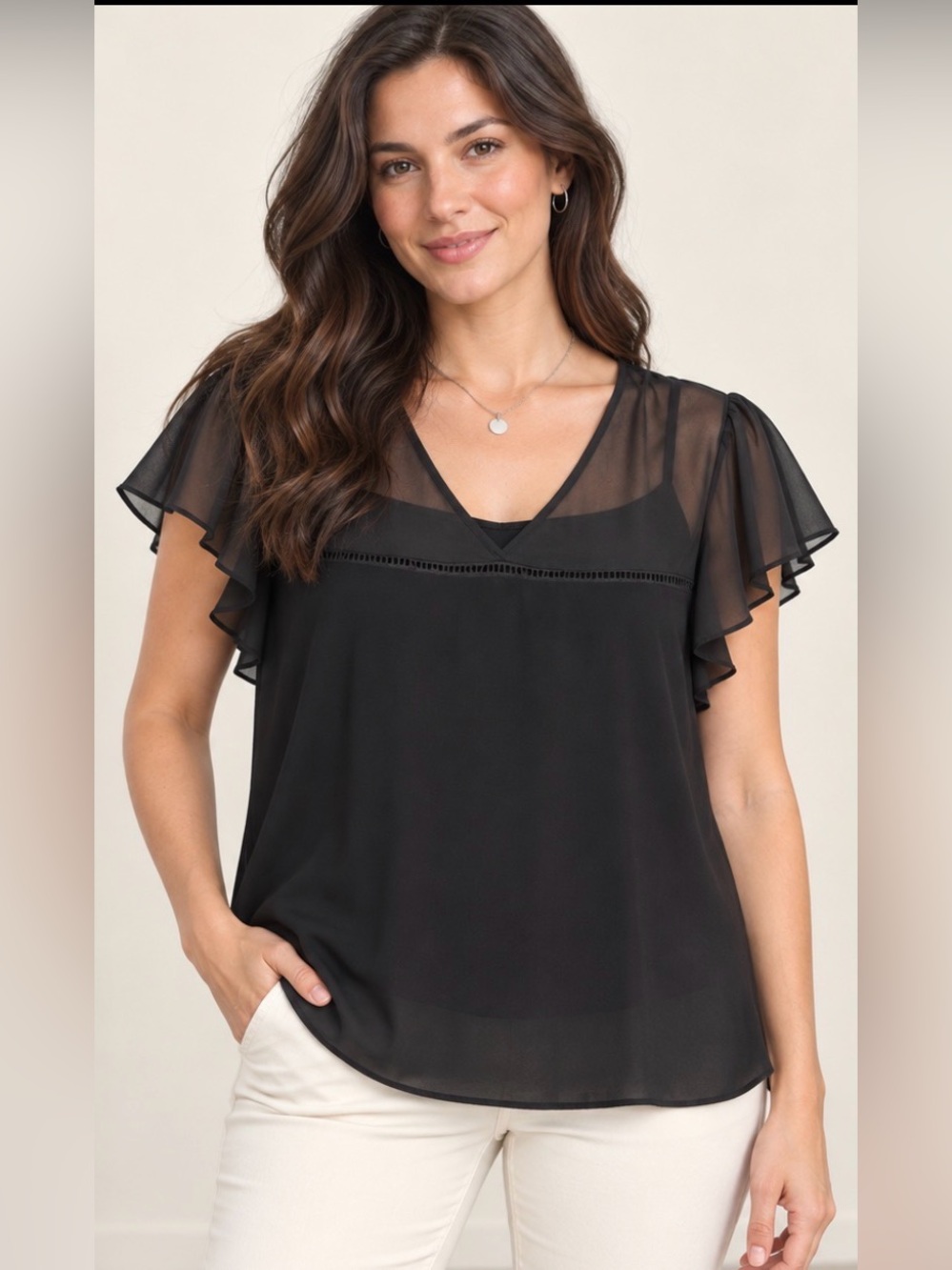 PerSeption Concept Black Sheer Flutter Sleeve V-Neck Blouse